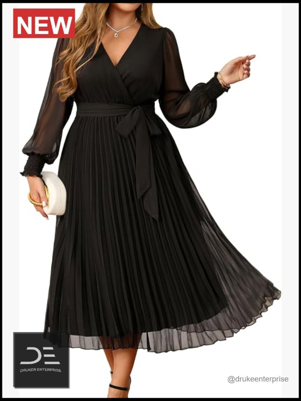 Plus Size Formal V-Neck Pleated Chiffon Midi Dress